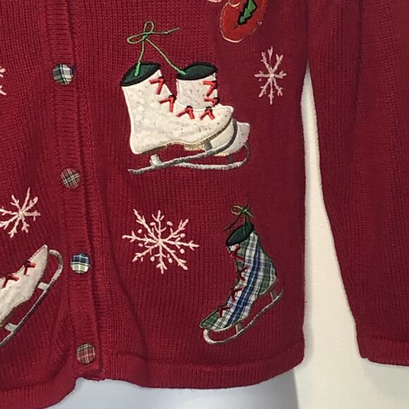 Vintage Ice Skating Christmas Sweater Small Y2K Holiday Cardigan Basic Editions - Picture 13 of 16